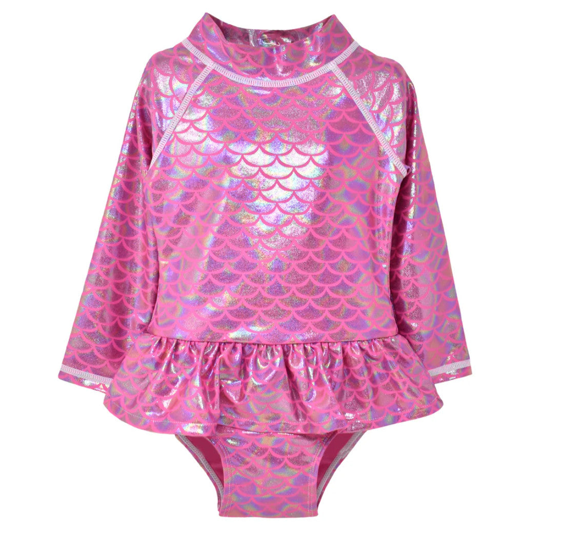 Flap Happy Alissa Infant Ruffle Rash Guard Swimsuit Shiny Pink Scales