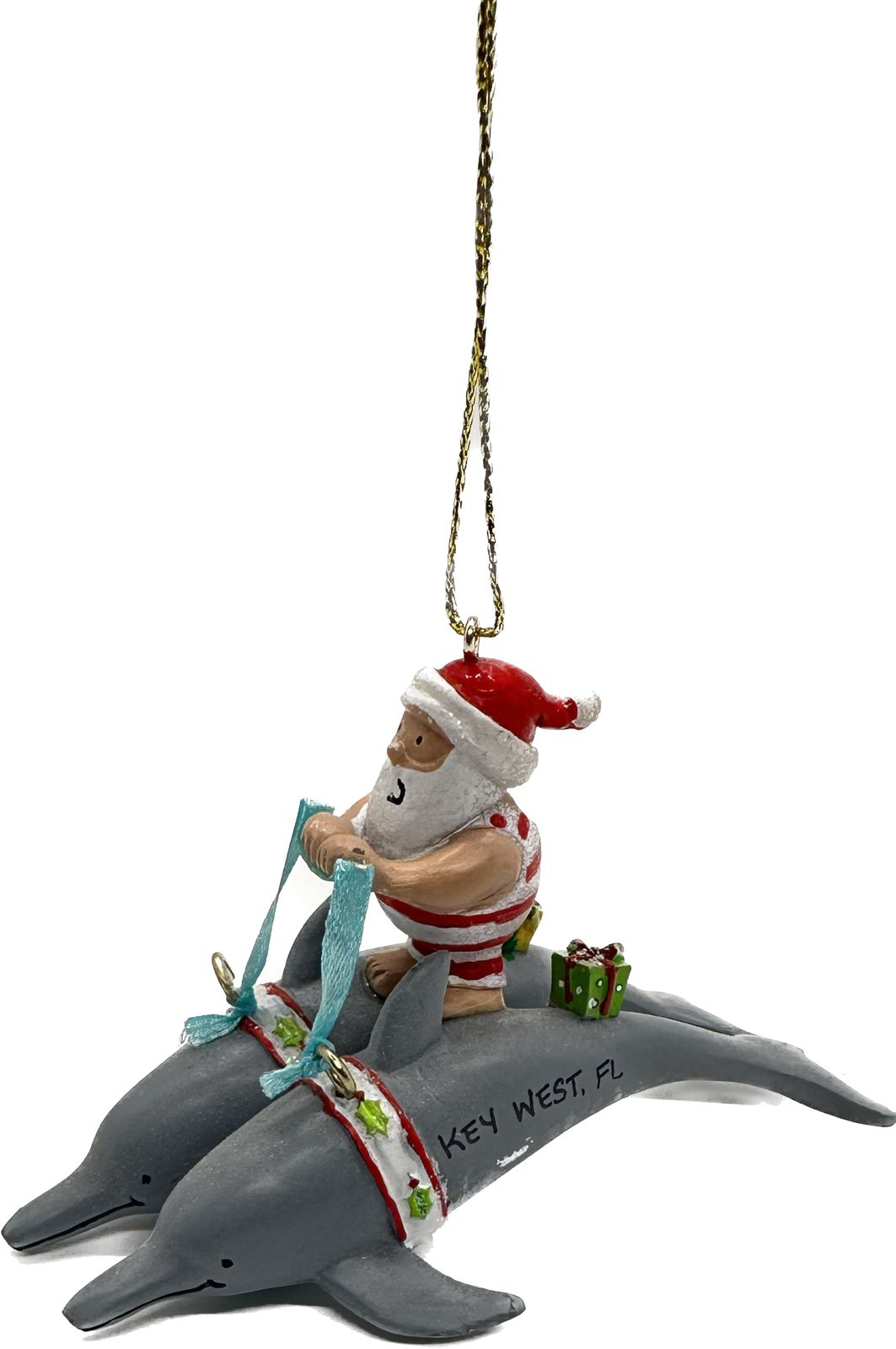 Cape Shore Key West Dolphins Pulling Santa Resin Ornament
