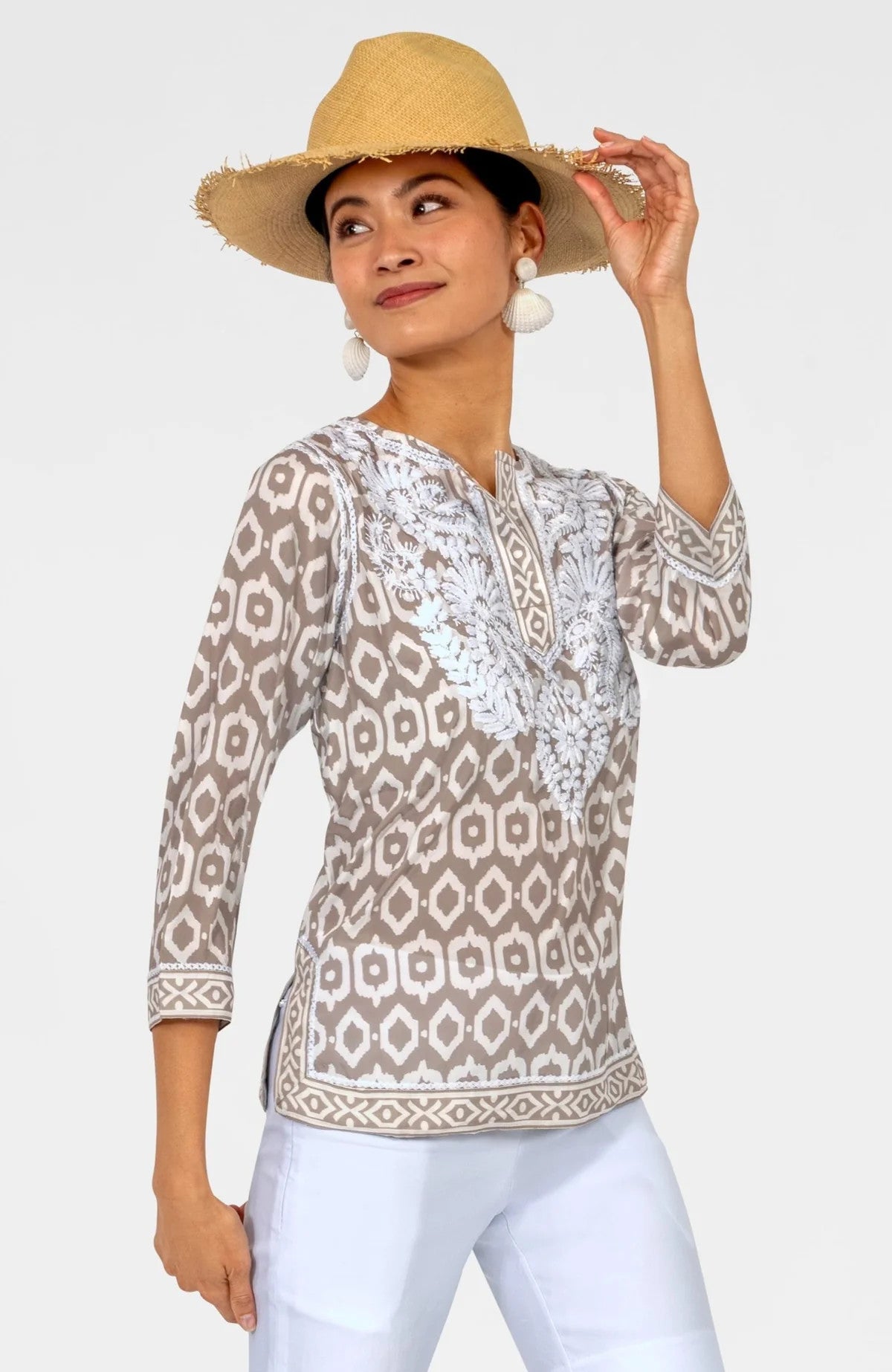 Gretchen Scott Geo Embroidered Silky Tunic Top Khaki
