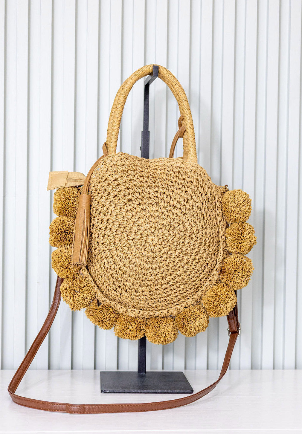 Shaddow and Fish Caroline Pompom Round Luxe Bag Tan