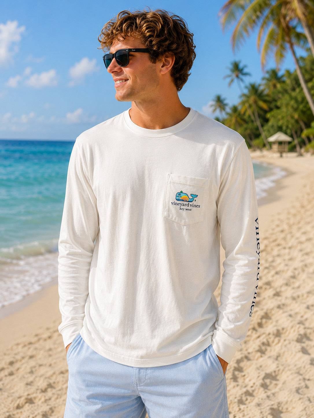 Vineyard Vines Sunset Scene Key West Pocket Tee Long Sleeve