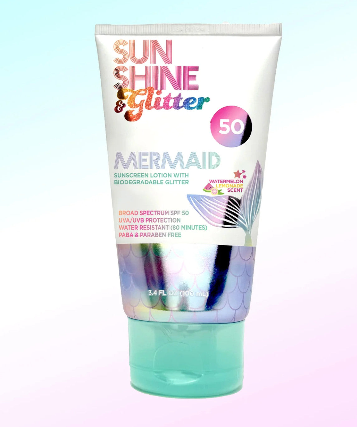 Sunshine & Glitter Mermaid Biodegradable Glitter SPF 50 Tube Watermelon Scent 3.4 oz