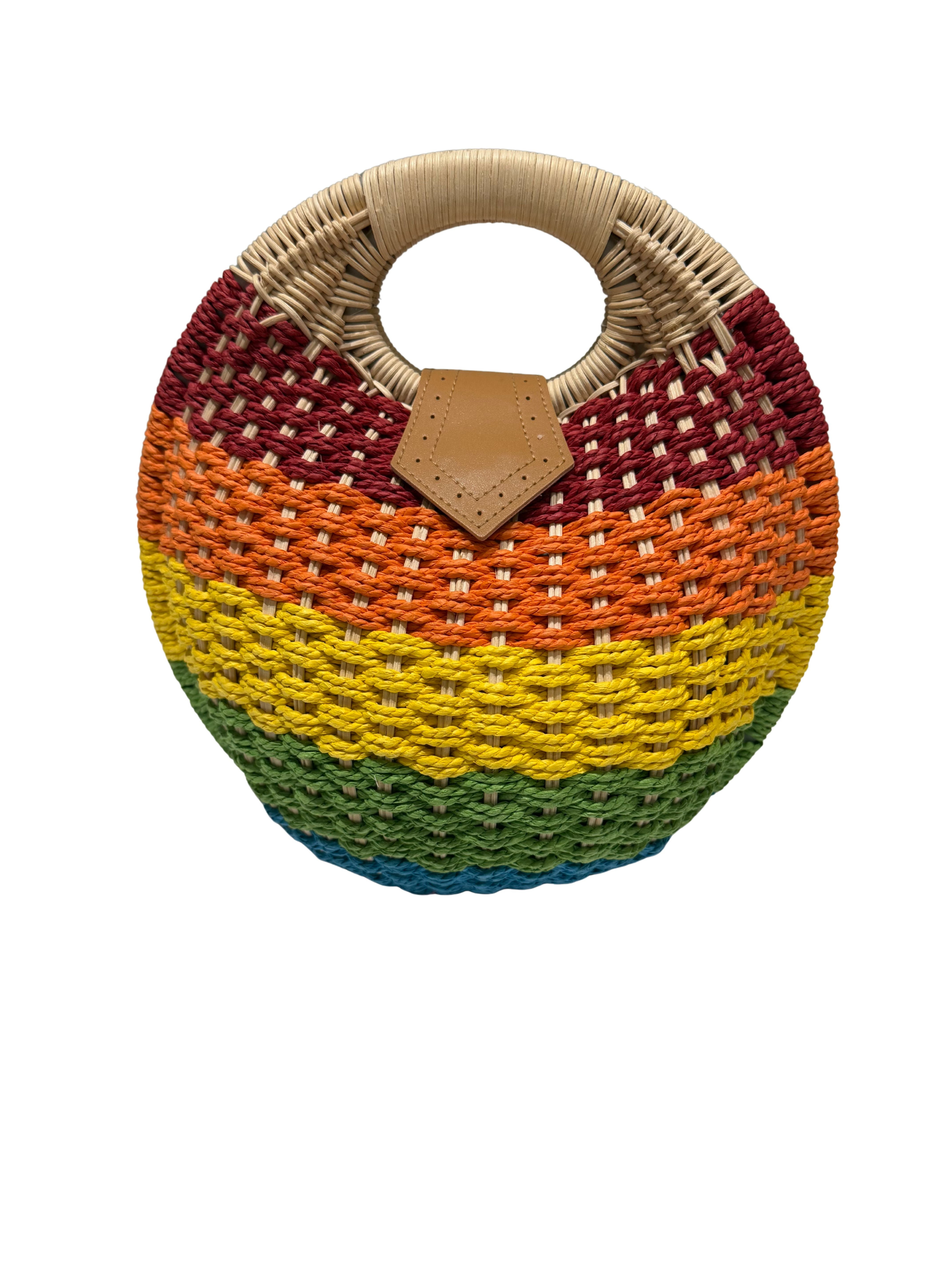 Shaddow and Fish Claire Round Woven Rafia Handbag Rainbow