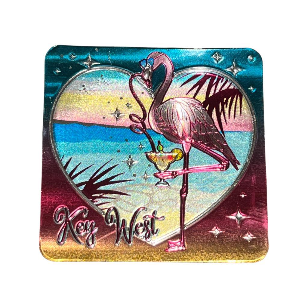 Flamingo Heart Key West Square Foil Magnet