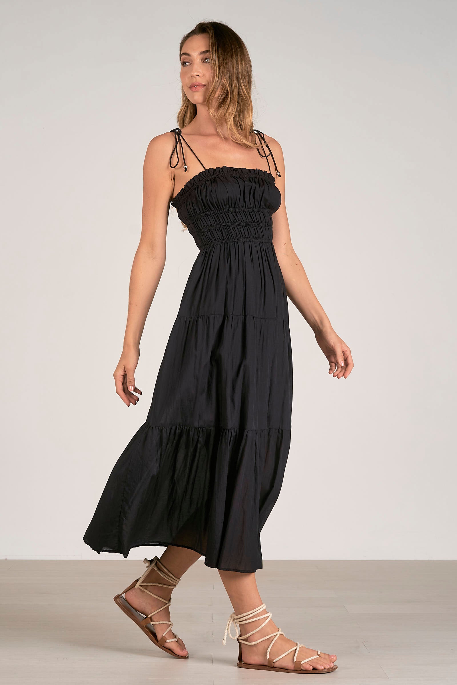 Elan Sofi Midi Spag Straps Dress Black