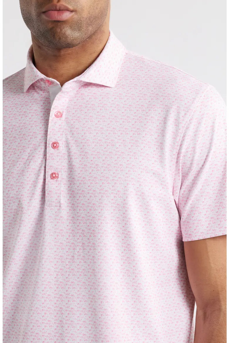 Man wearing Johnnie-O Flock Yeah Azalea performance polo, front view close-up golf resort wear