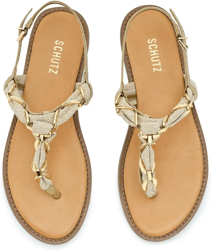 Top-down view of Schutz Camellia flats with a chained T-strap leather upper, open round toe, and adjustable ankle buckle.