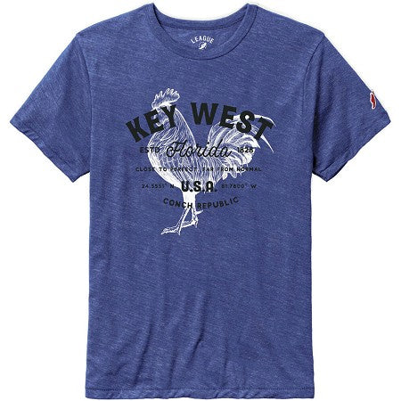Legacy Far From Normal Key West Rooster short sleeve tee in heather royal blue — graphic tee at Shaddow & Fish boutique

