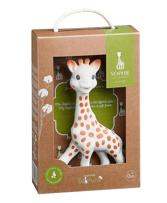 Sophie la Girafe natural rubber giraffe teether toy with dark contrast spots and squeaker in original gift box packaging