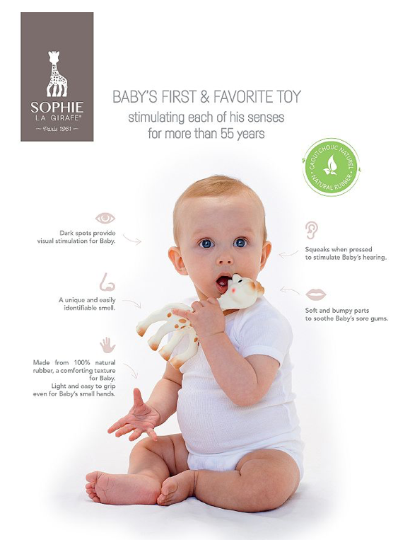 Sophie la Girafe natural rubber giraffe teether toy with dark contrast spots and squeaker in original gift box packaging