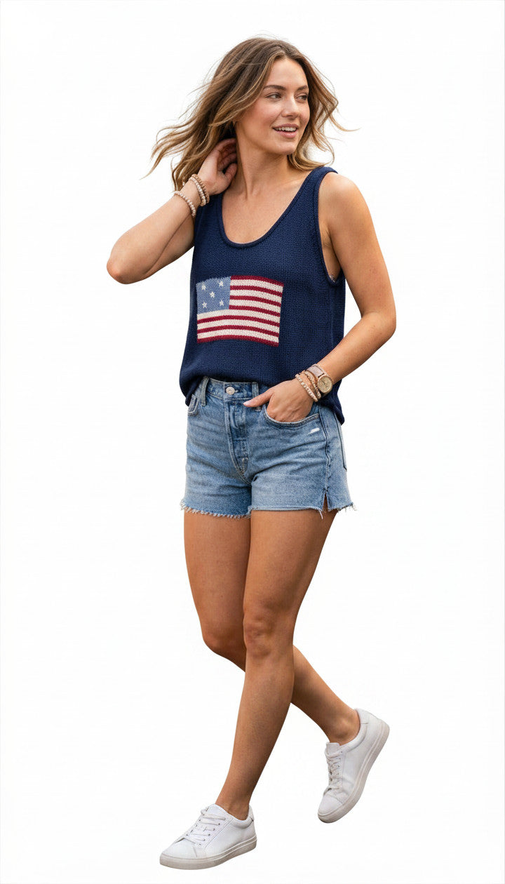 Shaddow & Fish American flag knit sweater tank top in navy and white with intarsia flag graphic at chest in relaxed fit on hanger
