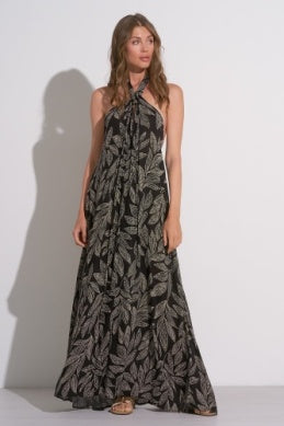 Elan Liza Maxi Halter Dress Black Cartagena Print