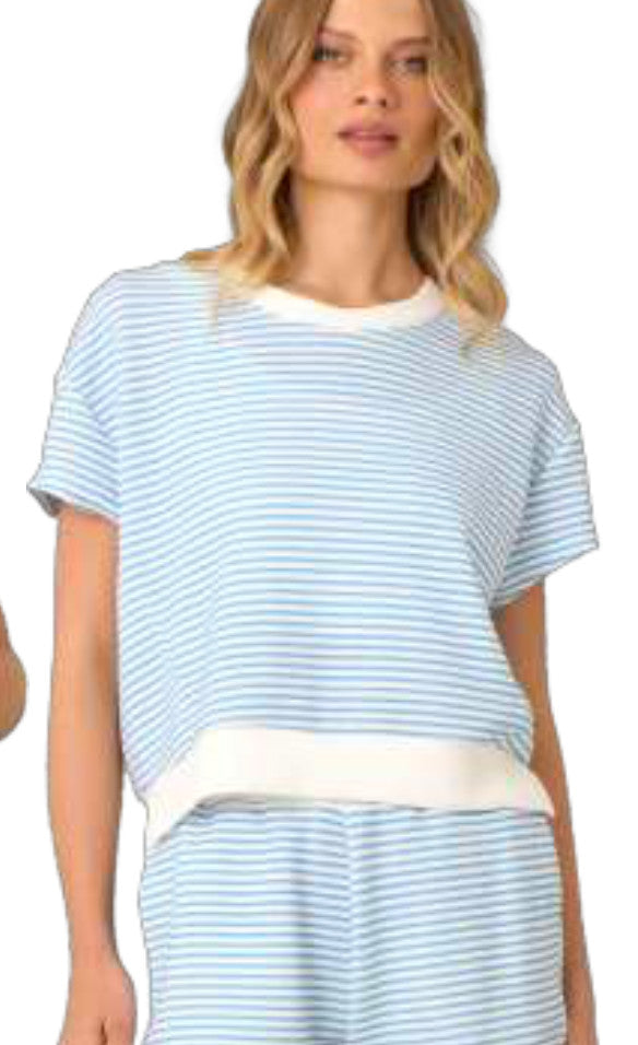 Shaddow and Fish Selena Stripe Cloud Fleece Tee Top White/Blue