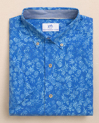 Southern Tide Linen Rayon Pineapple Parade Sportshirt SS Blue Stream