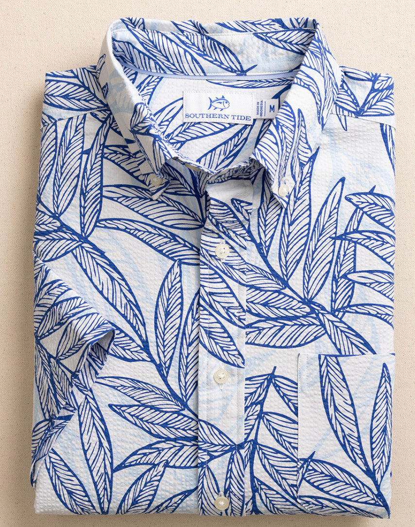 Southern Tide Blue Palms Seersucker Sportshirt SS Blue Lolite