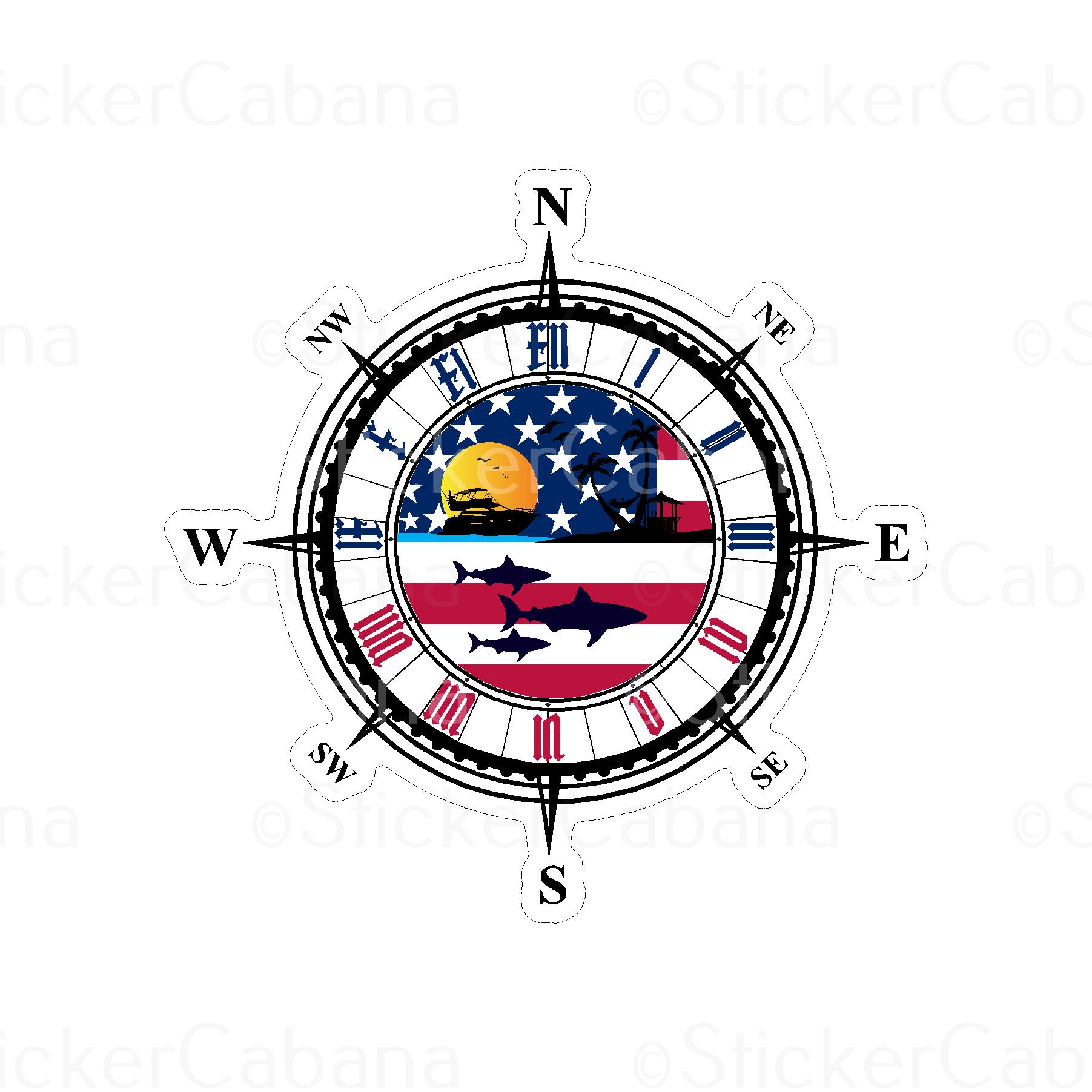 Sticker Cabana Compass W/American Flag Ocean Sticker