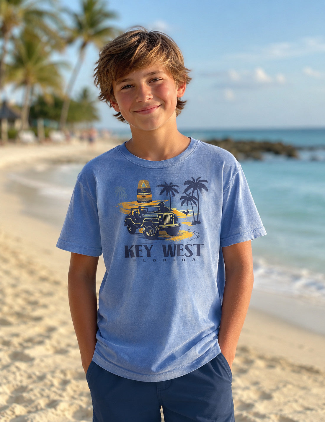 Shaddow and Fish Youth Plot Stop Jeep Key West SS Tee Tahiti Blue