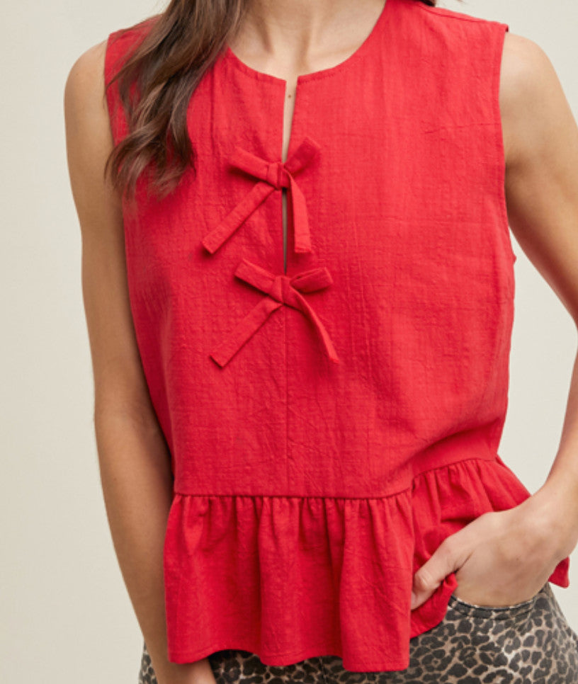 Shaddow and Fish Ivy Bow Detail Sleeveless Peplum Top Red