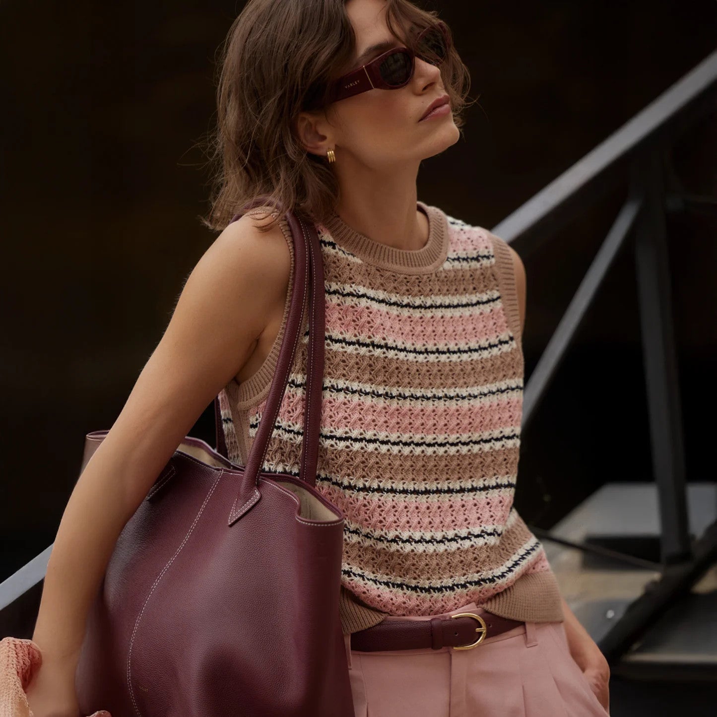 VARLEY Deeley Stripe Stitch Tank Warm Taupe/Mellow Rose