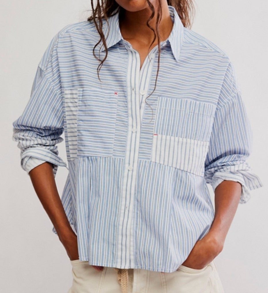 Free People Annie Babydoll Button Down Shirt Ivory Combo