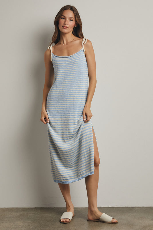 Shaddow and Fish Ayesha Striped Tie-Shoulder Midi Dress Cream Blue