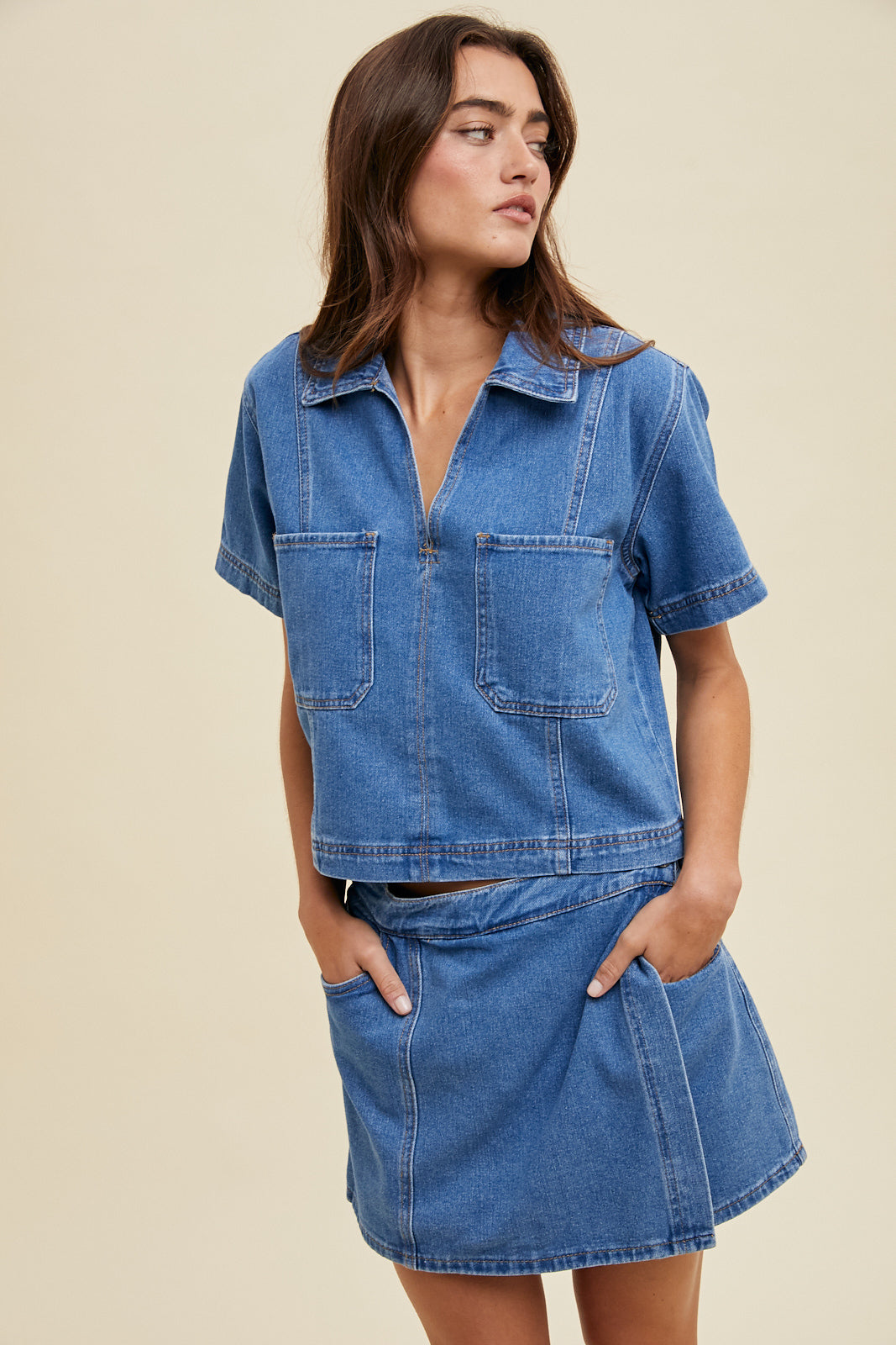 Shaddow and Fish Jocelyn Collared Top Denim