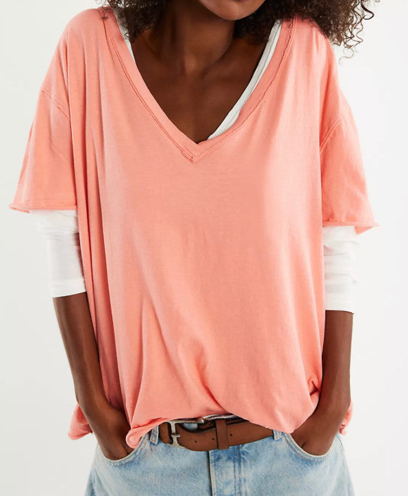 Free People We The Free Nina V-Neck Tee Thriving Coral
