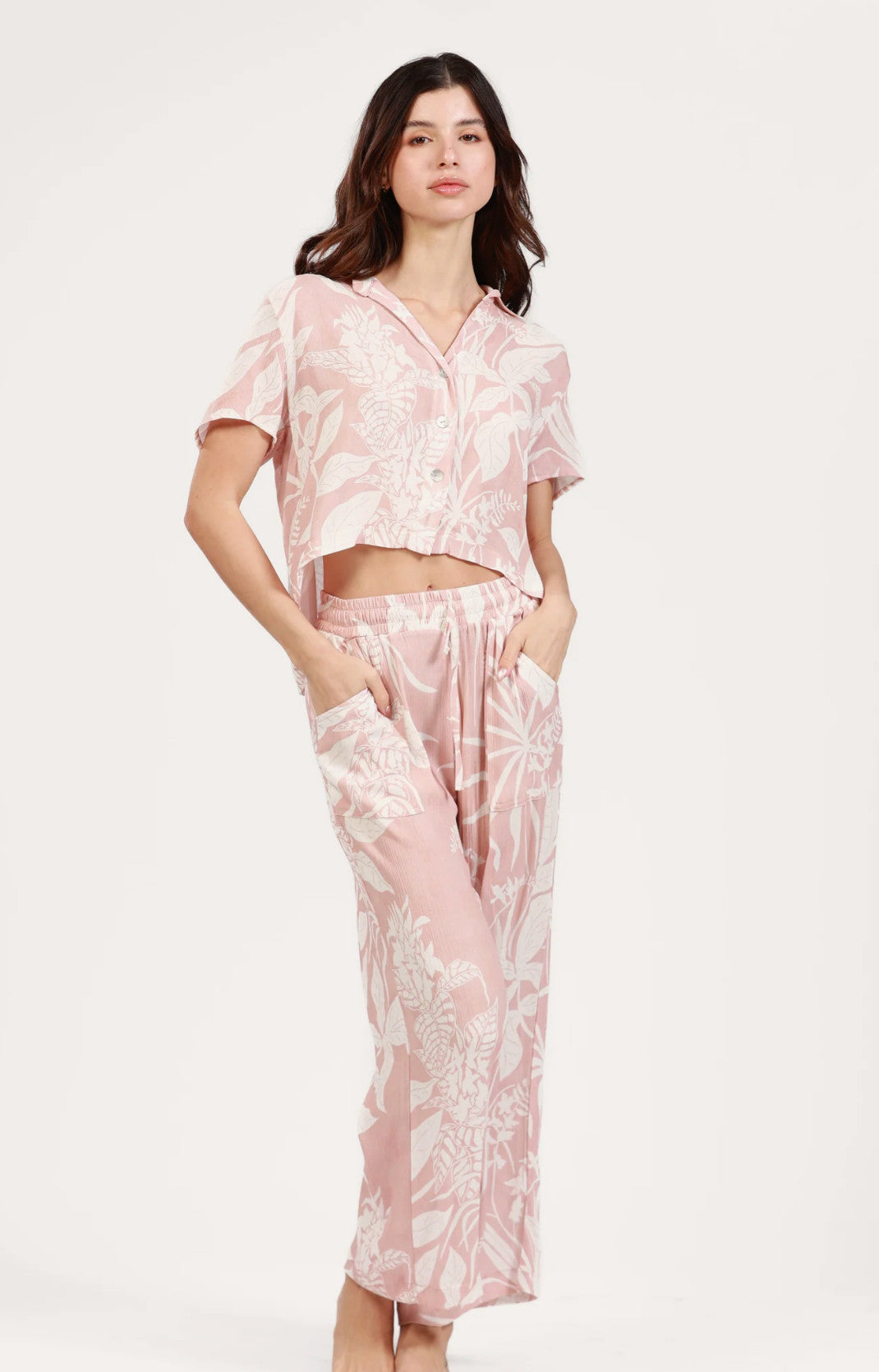 Salty Weekend Lily Floral Print Crop Button Up Shirt Rose