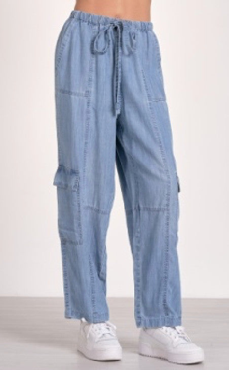 Elan Mia Elastic Waist Band Cargo Pants Denim Blue
