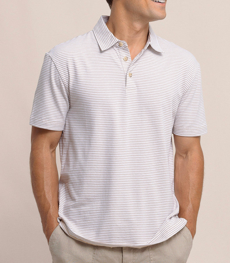 Southern Tide Short Sleeve Linen Cotton Sandwave Polo Whitecap Khaki