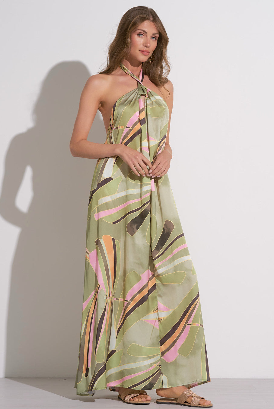 Elan Emily Maxi Halter Dress Green Manila Print