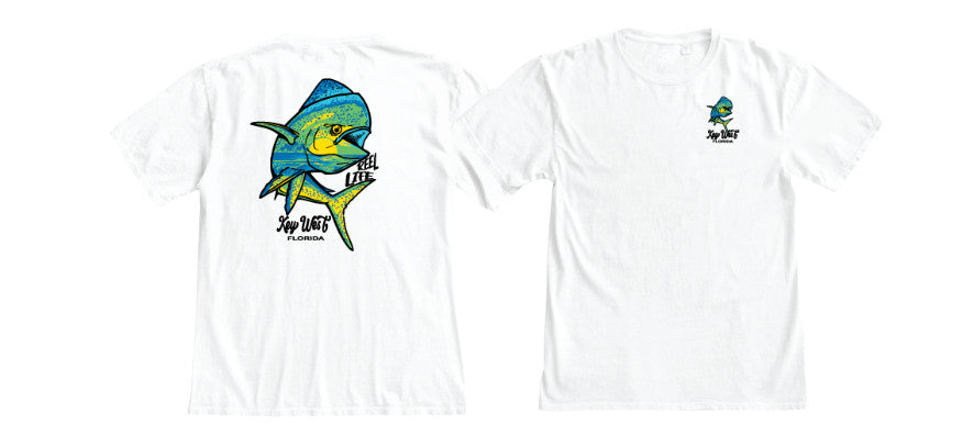 Shaddow and Fish Solarsong Mahi Key West short sleeve tee in white — fishing graphic tee at Shaddow & Fish boutique

