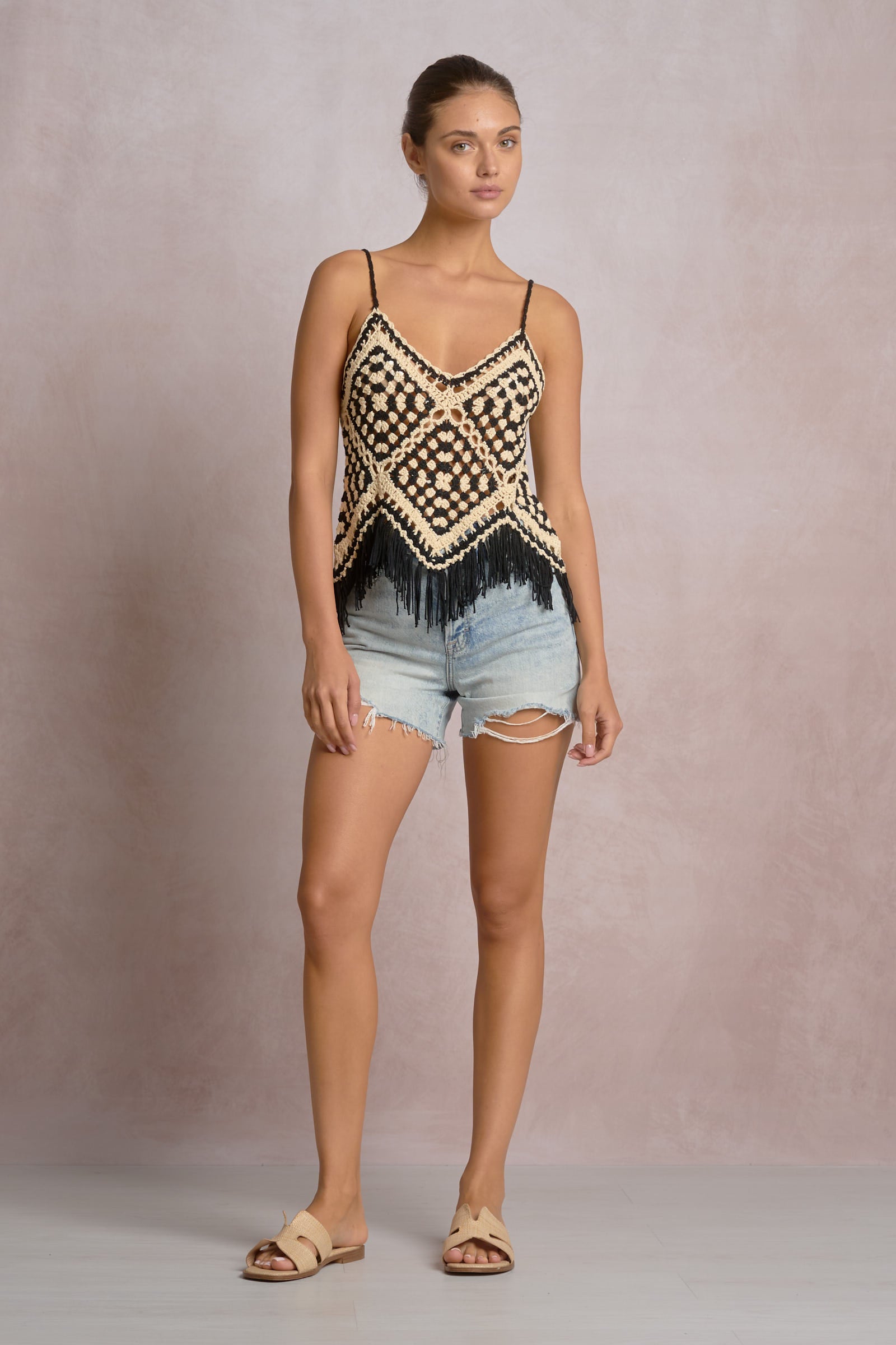 Elan River Fringe Tank Top Black/ White Combo