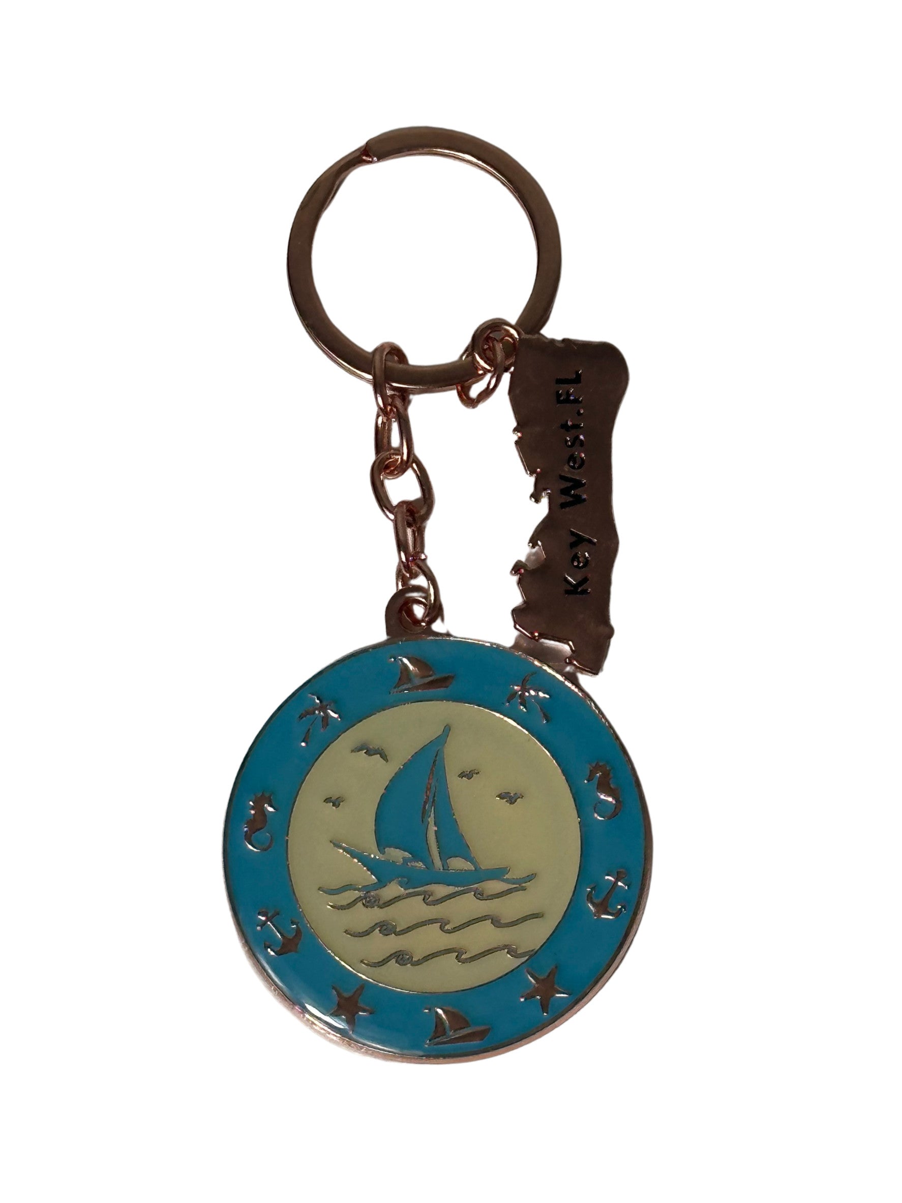 Coastal Boat Medallion Key West Keychain Light Blue