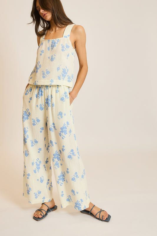 Shaddow and Fish Monica Floral Relaxed Crop Top Cream/Blue