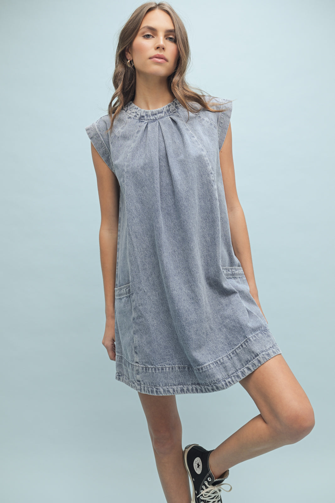 Shaddow and Fish Audrey Pleaded Mini Dress Denim