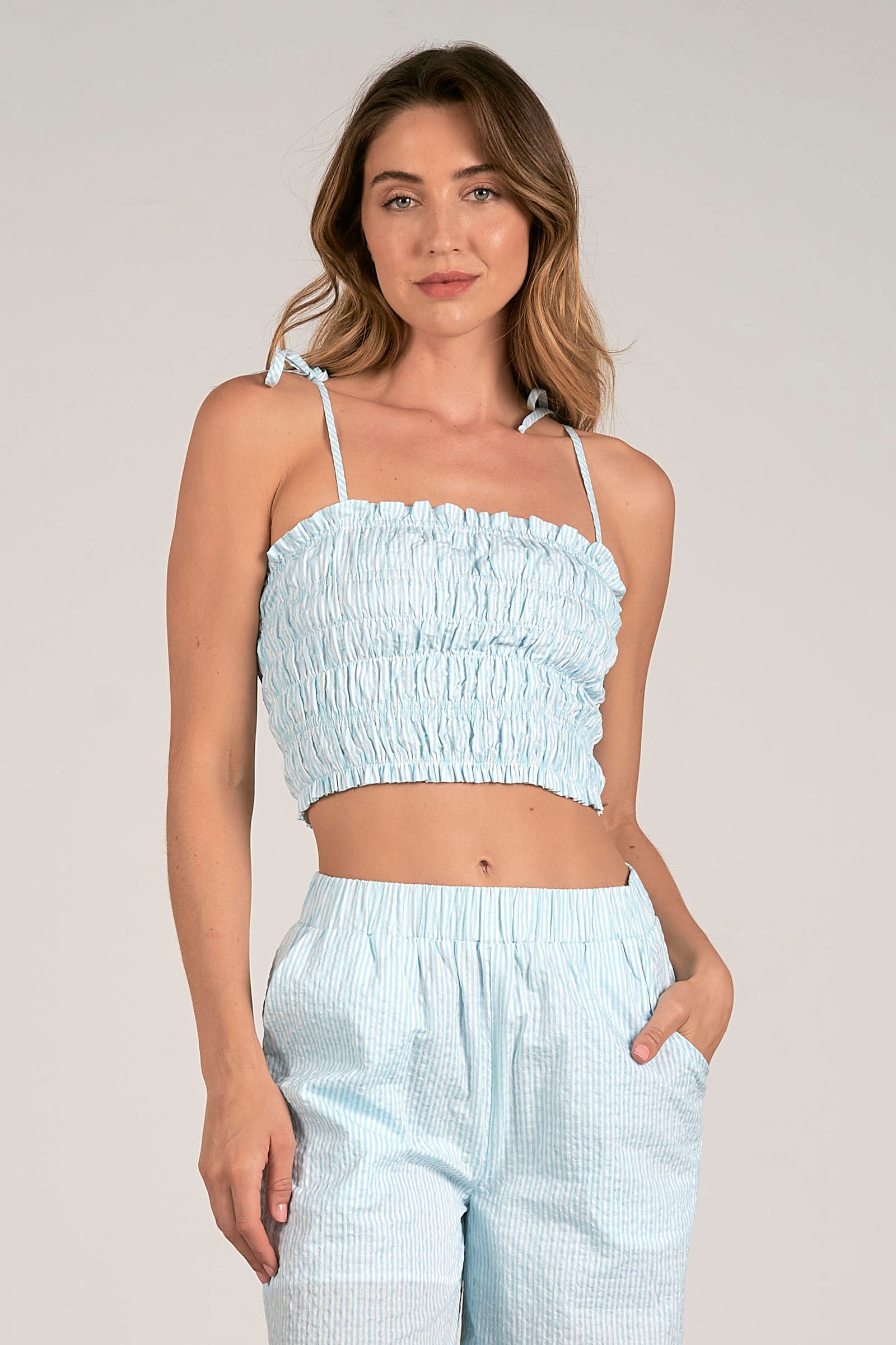 Elan Lucre Tie Straps Smock Cop Top White/Blue