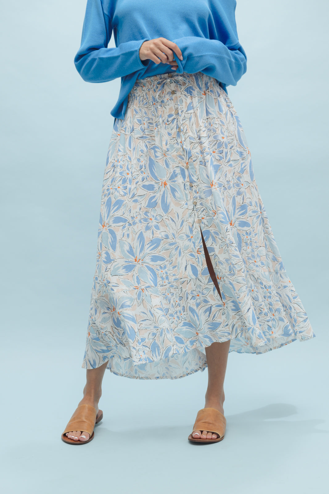 Shaddow and Fish Susan Floral Button Midi Skirt Blue