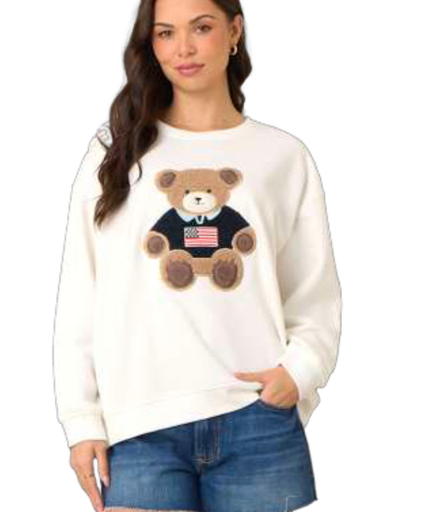 Shaddow and Fish Teddy Bear Flag Crewneck Sweater White**