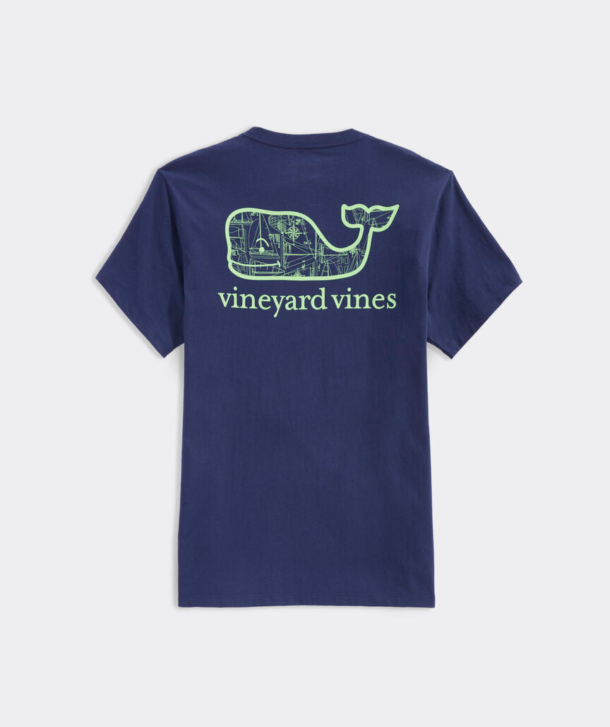 Vineyard Vines Boat Blueprint Whale Fill Tee SS Nautical Navy