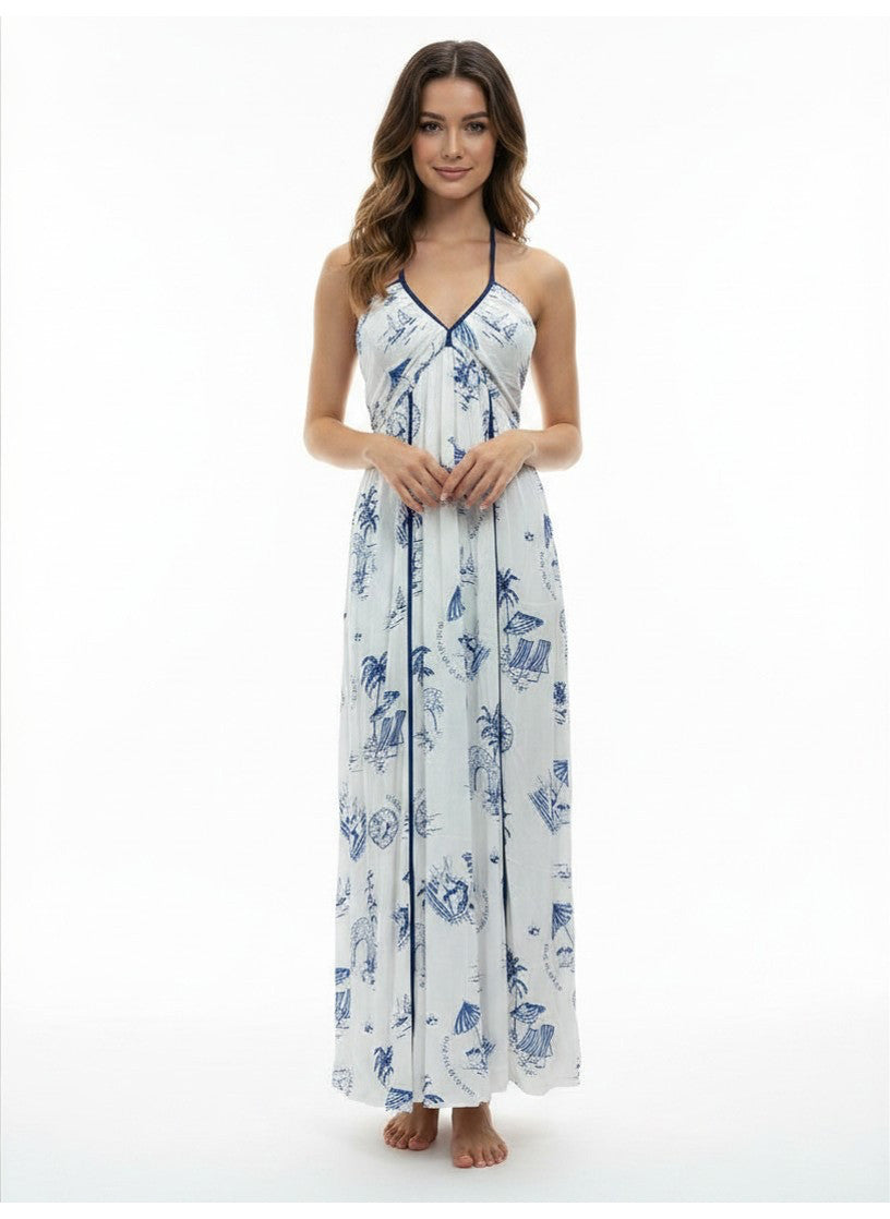 Surf Gypsy Meet Me At The Beach Printed Maxi Dress White/ Blue