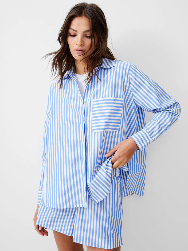 French Connection Thick Stripe Relaxed Popover Blue/Linen White