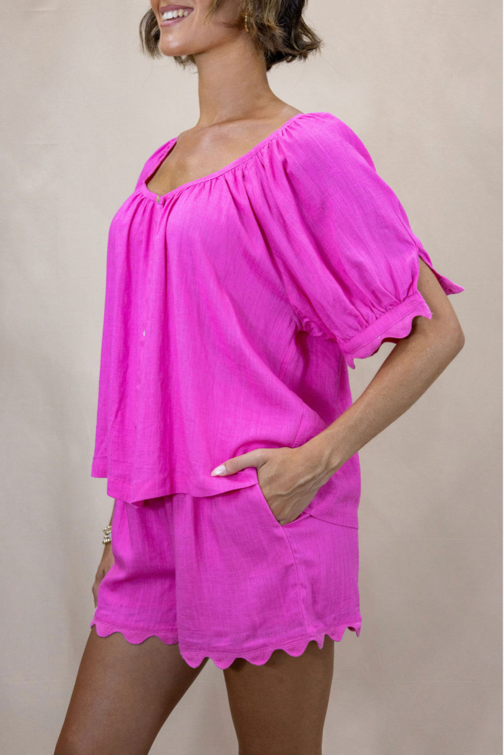 Shaddow and Fish Elena Scalloped Detail Top Hibiscus