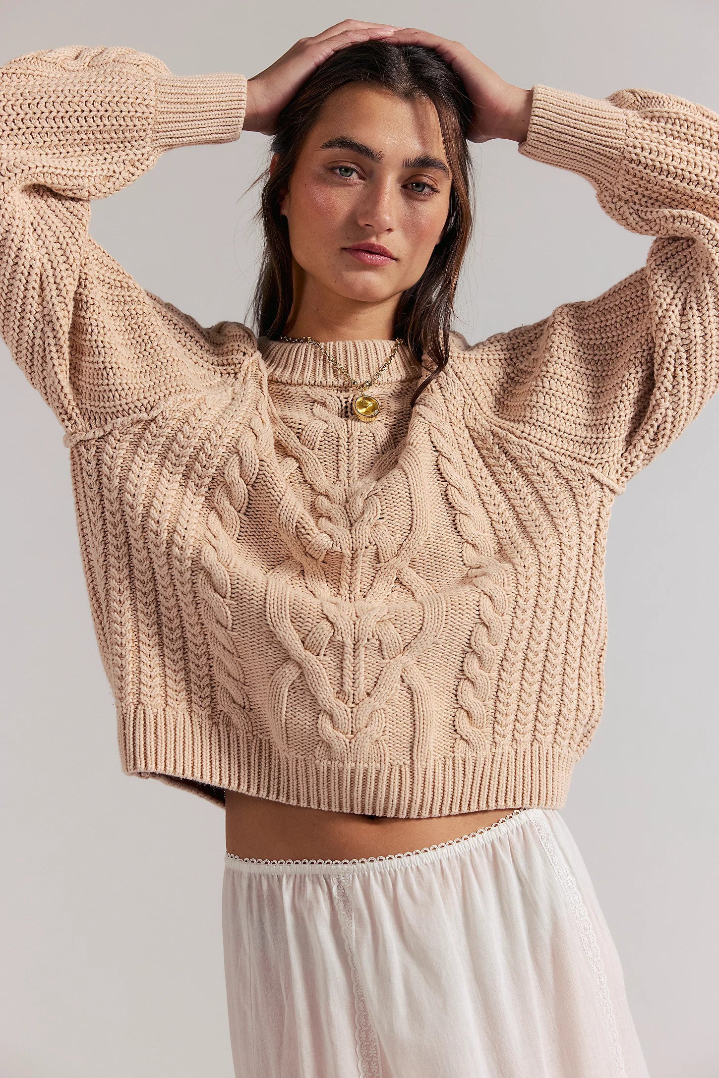 Free People Frankie Cable Sweater Top Ivory