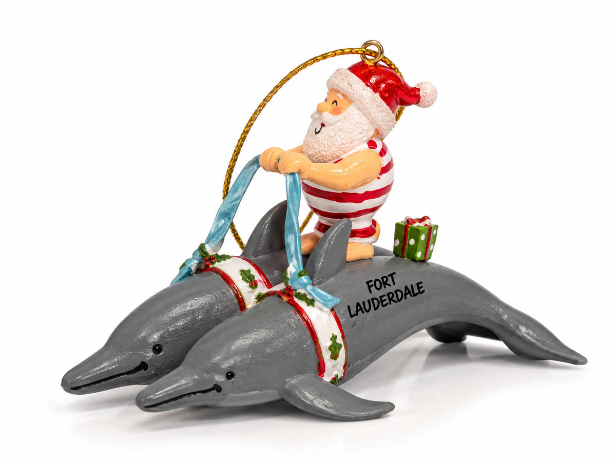 Cape Shore Ft Lauderdale Dolphins Pulling Santa Resin Ornament
