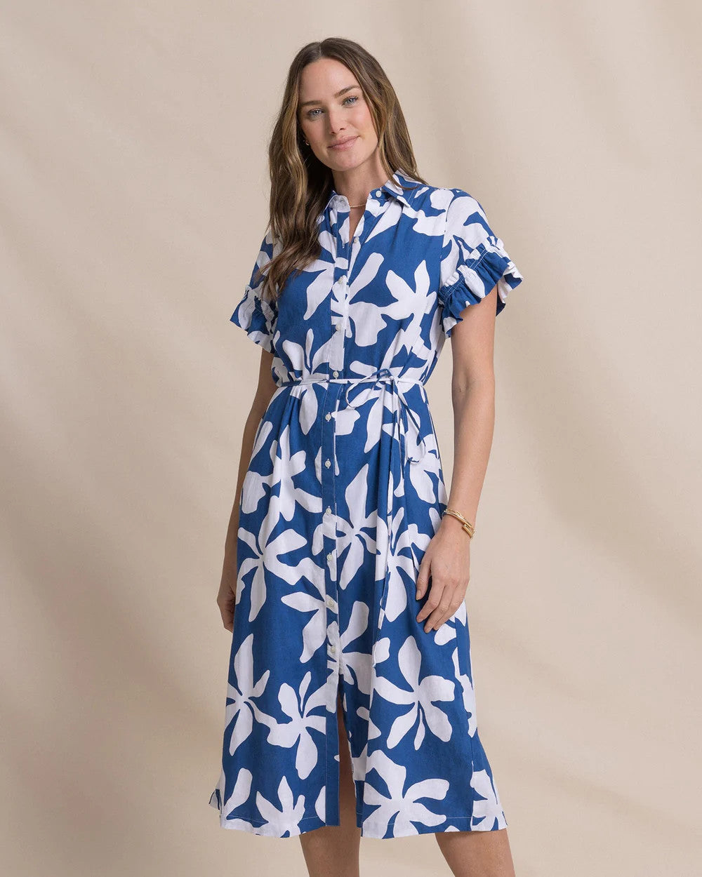 Southern Tide Tyra Printed Ruffle Sleeve Midi Dress Nautical Blue
