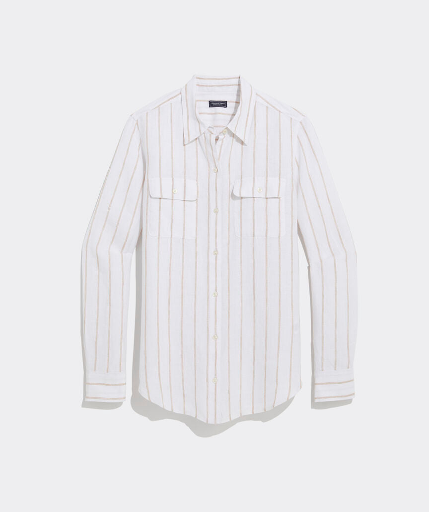 Vineyard Vines Linen Camp Shirt Stripe -White Cap