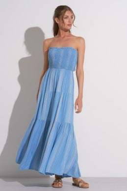 Elan Denise Smock Strapless Maxi Dress Blue Lilac Stripe