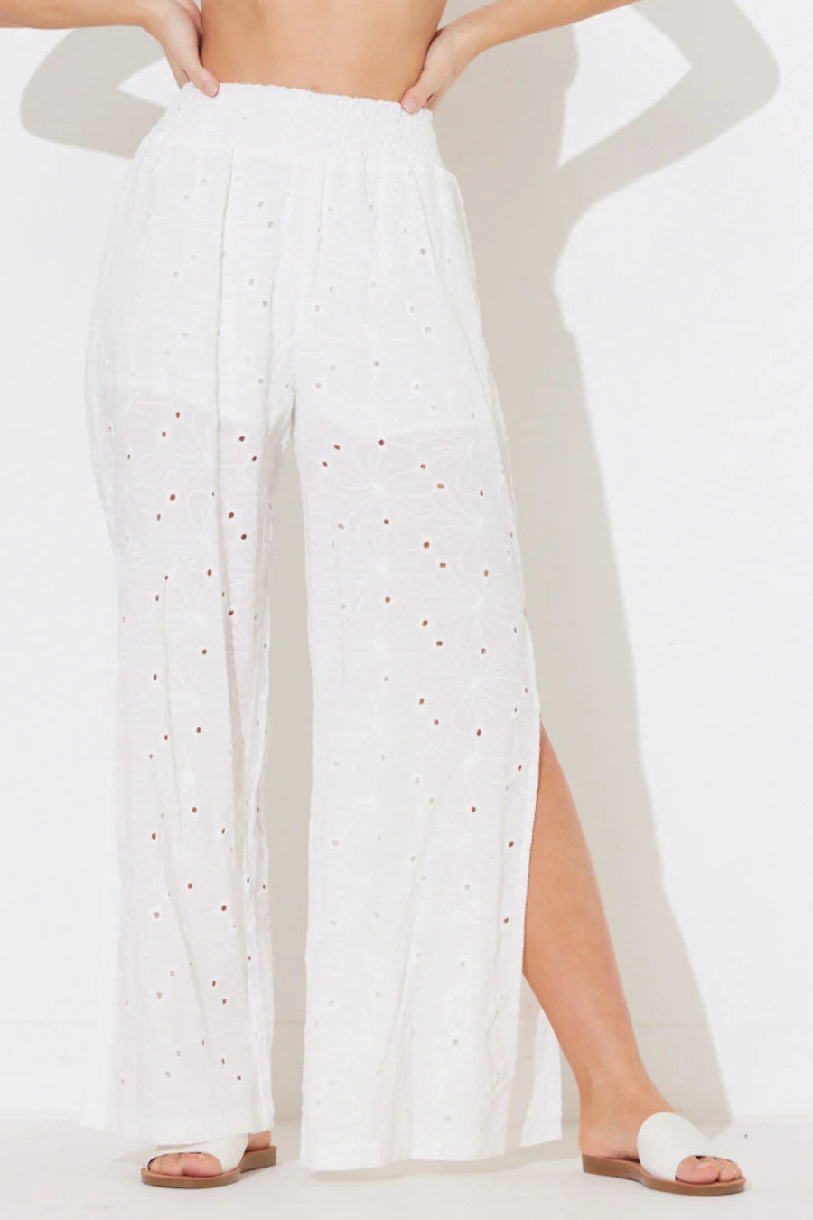 Ocean Drive White Floral Eyelet Gauche Pants