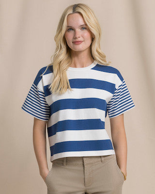 Southern Tide Remi Mixed Stripe Boxy Tee Nautical Blue
